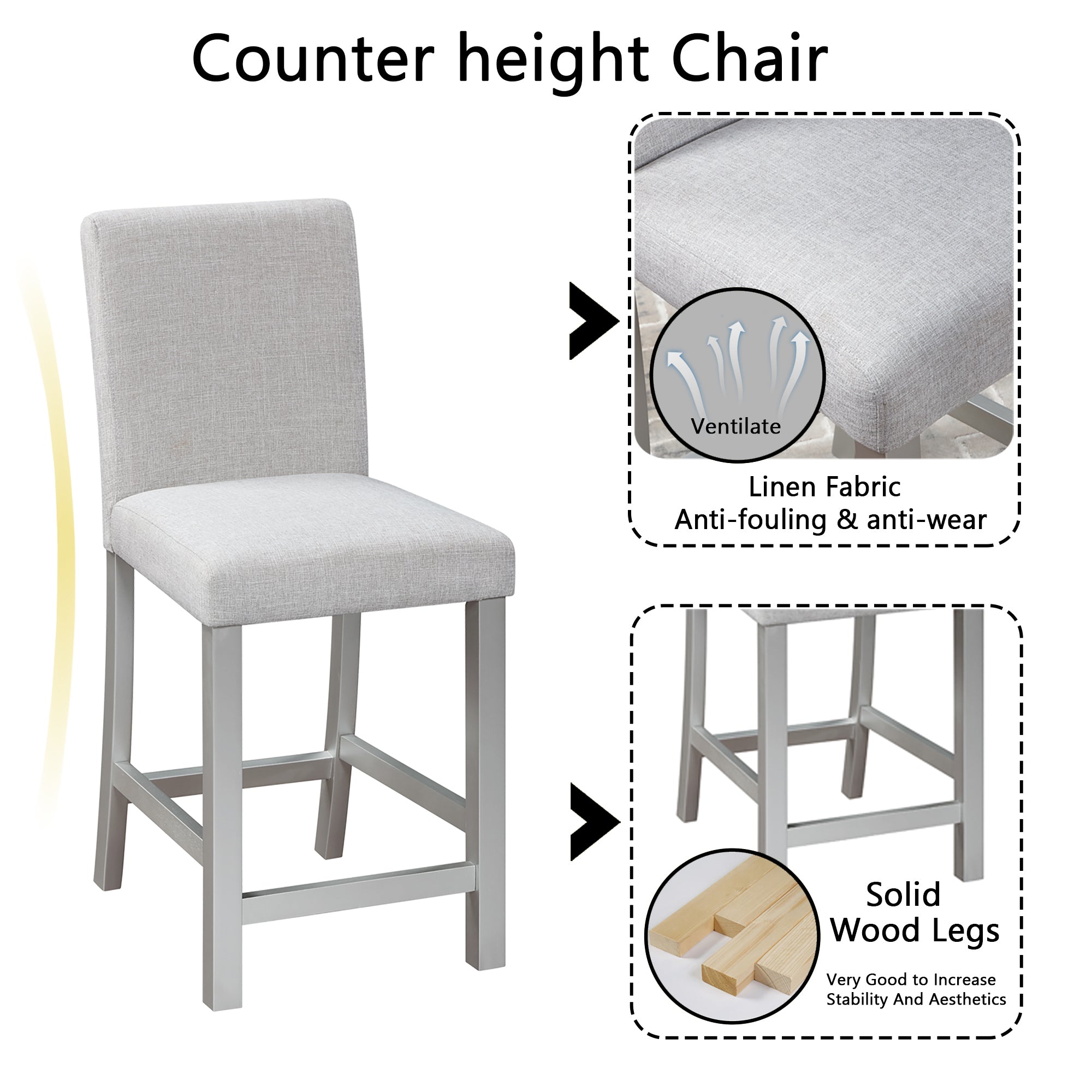 5 Piece Counter Height Table Set, Wooden Kitchen Table Set with Square Table and 4 Upholstered Chairs, Counter Height Dining Table with Crystal Decoration and Chair Set, Silver Grey - Grand Goldman Shop