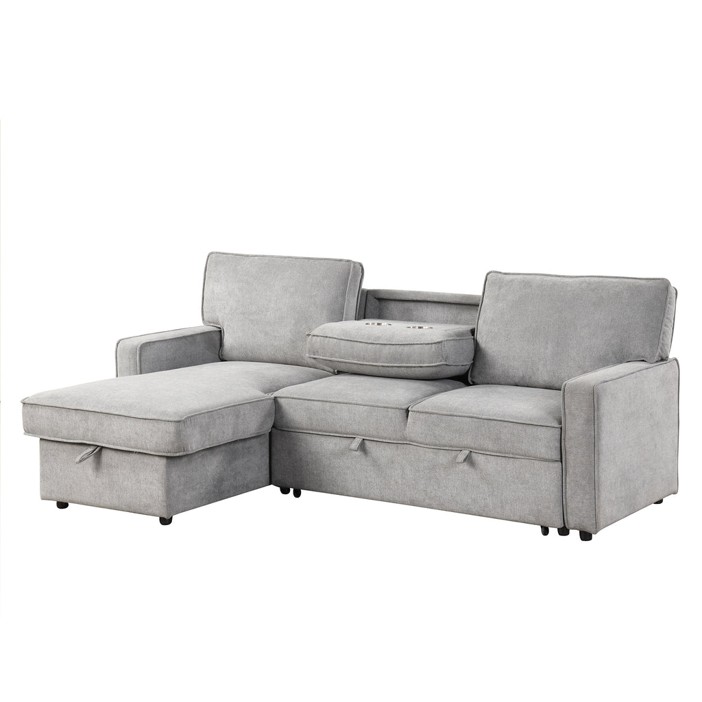 U_STYLE Upholstery Sleeper Sectional Sofa with Storage Space, USB port, 2 cup holders on Back Cushions(same sku; WY000335AAE) - Grand Goldman Shop