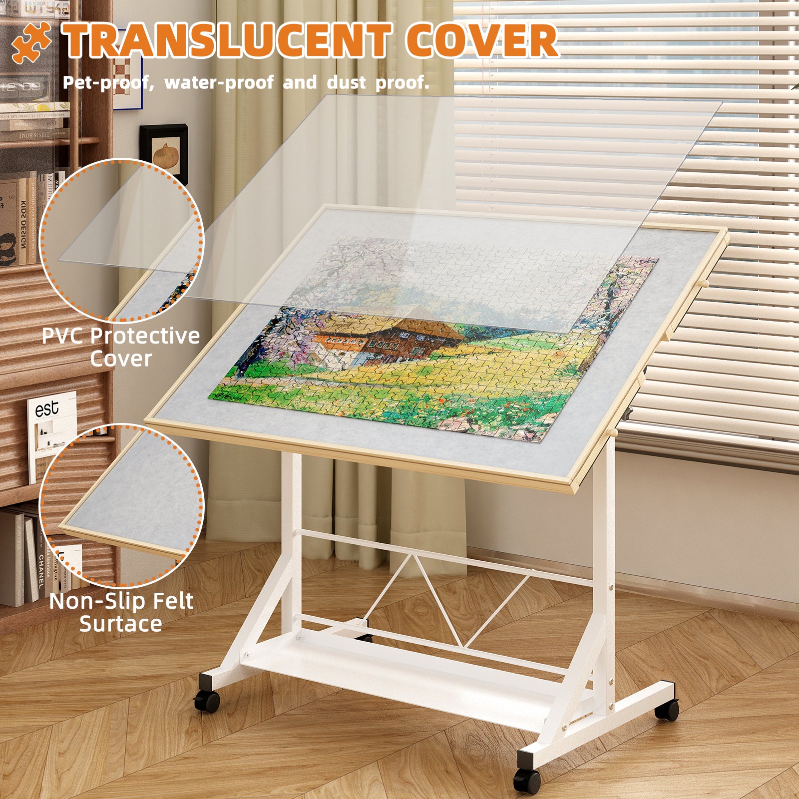 Stylish (WHITE) Wooden 1500 Piece Puzzle Table with Drawer, 35'*27.17' Adjustable Puzzle Table, 360° Tilting Puzzle Table wit