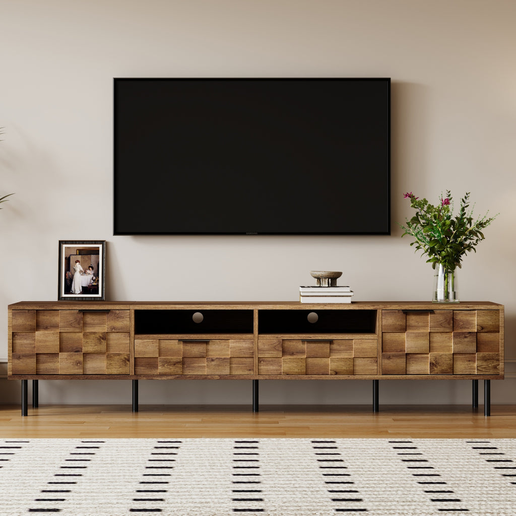 Mid Century TV Stand with 2 Drawers, Media Console Table for TVs up to 85'', Natural Finish Storage Cabinet with Cable Management, 78.7'' x 15.7'' x 17.7'' - Grand Goldman Shop