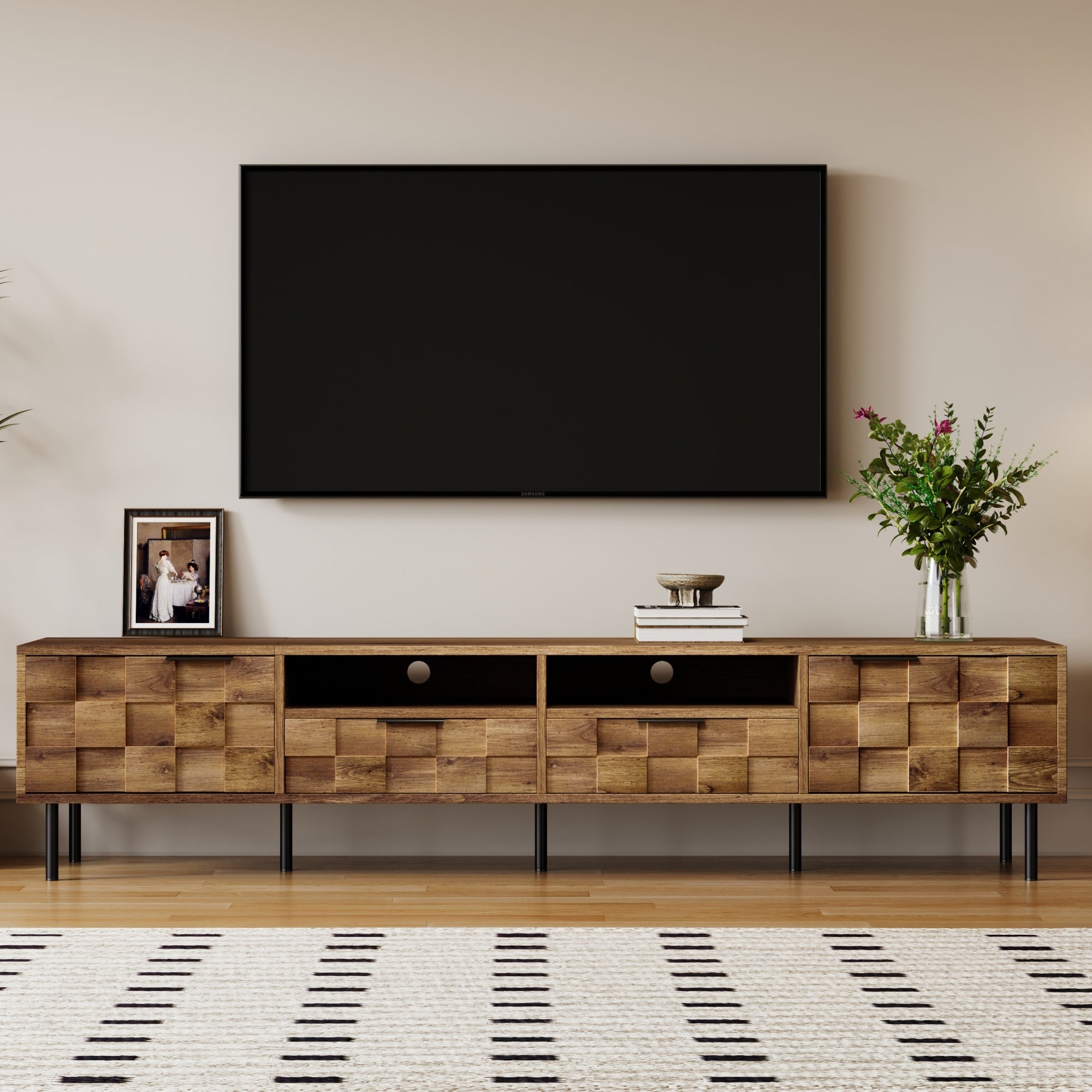 Mid Century TV Stand with 2 Drawers, Media Console Table for TVs up to 85'', Natural Finish Storage Cabinet with Cable Management, 78.7'' x 15.7'' x 17.7'' - Grand Goldman Shop