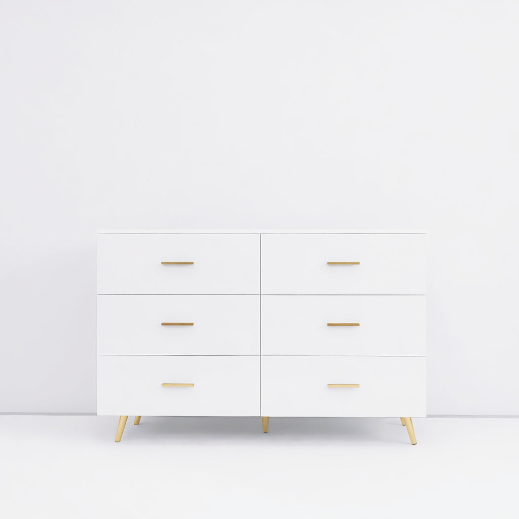 High Glossy Surface 6 Drawers Chest of Drawer with Golden Handle and Golden Steel Legs White Color Vanity - Grand Goldman Shop