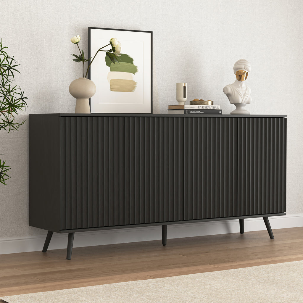 Sideboard Buffet Cabinet with Storage, Long Sideboard Storage Cabinet with 4 Doors, Wood Credenza Console Coffee Bar Cabinets with Adjustable Shelves for Living Room Kitchen Dining Room Black - Grand Goldman Shop