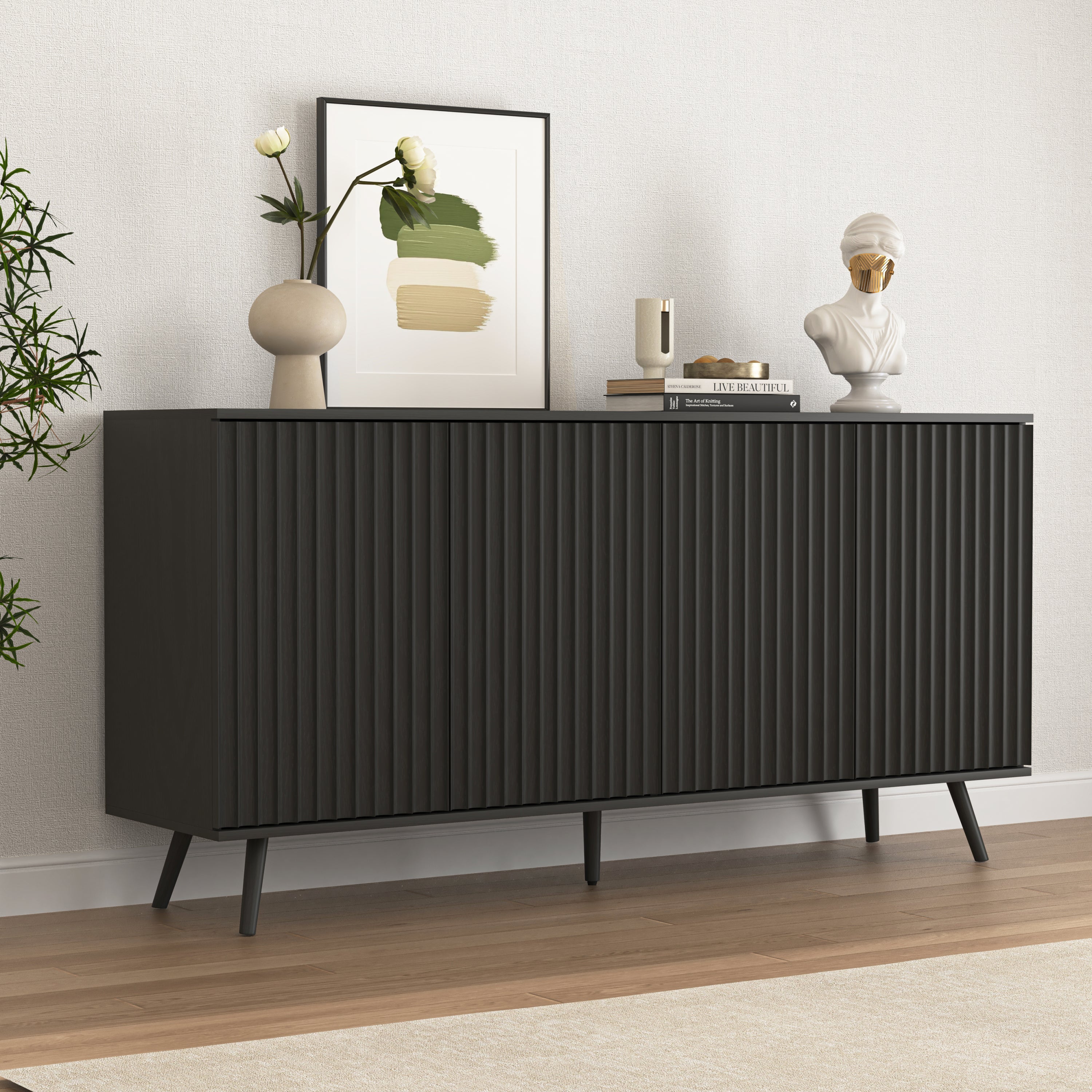 Sideboard Buffet Cabinet with Storage, Long Sideboard Storage Cabinet with 4 Doors, Wood Credenza Console Coffee Bar Cabinets with Adjustable Shelves for Living Room Kitchen Dining Room Black - Grand Goldman Shop