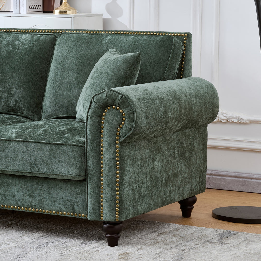 Modern 2-Seater Sofa with Rolled Arms, Tufted Upholstery, Wood Legs, Nailhead Trim, Beige Fabric, 63' - Grand Goldman Shop
