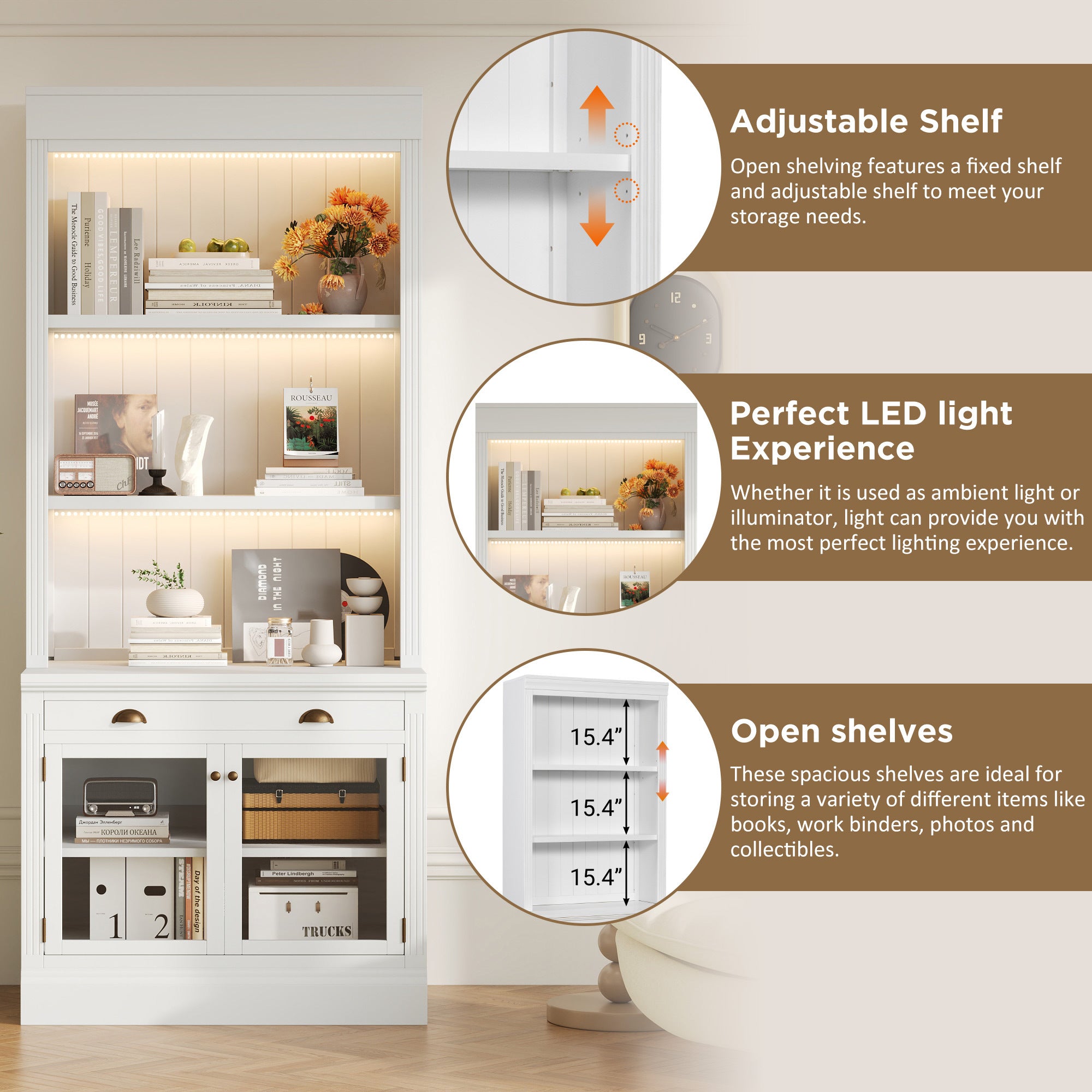 83.4'Tall Bookshelf Suite with LED Lighting, Modern Bookcases with Glass Doors and Drawers,2-Piece Set Storage Bookcase Suite