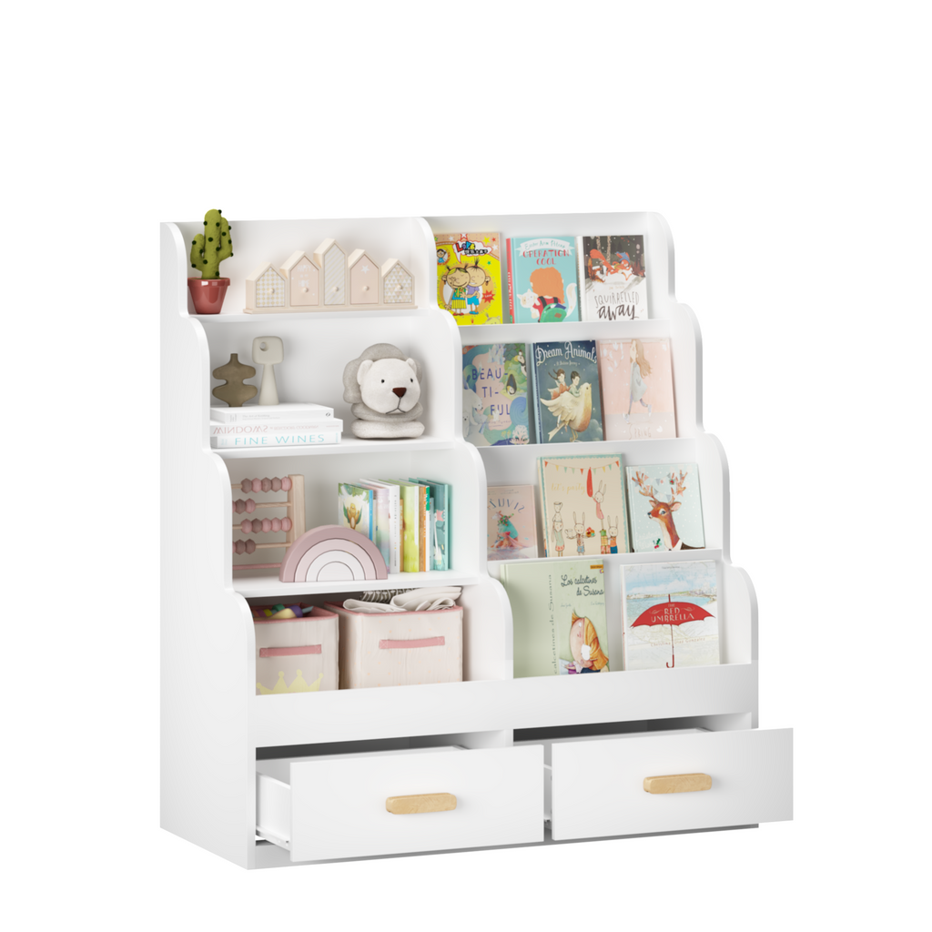 Kids Bookshelf with 2 Storage Drawers, Front-Facing Children's Bookcase and Toy Organizer, Multi-Tier Reading Shelf for Toddl