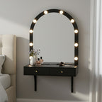 Floating Wall Mounted Makeup Vanity Desk with LED Mirror 3 Color Lights, Compact Dressing Table with Power Outlet & USB Charging, Space Saving Large Storage Vanity for Bedroom Bathroom, Black - Grand Goldman Shop
