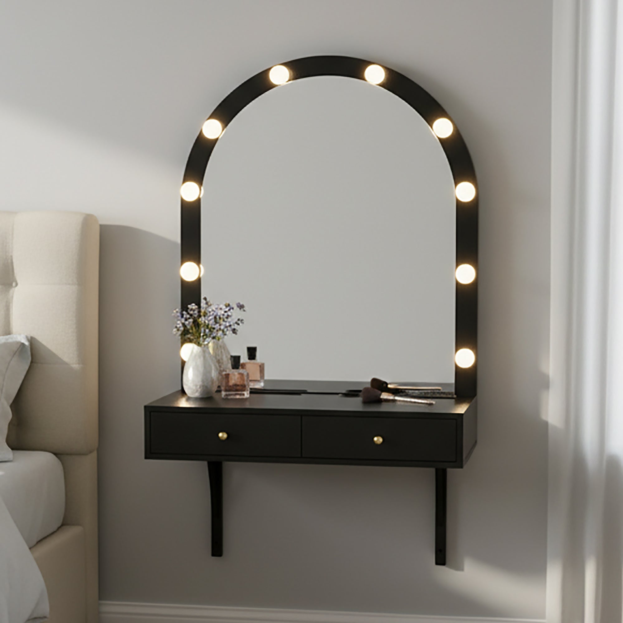 Floating Wall Mounted Makeup Vanity Desk with LED Mirror 3 Color Lights, Compact Dressing Table with Power Outlet & USB Charging, Space Saving Large Storage Vanity for Bedroom Bathroom, Black - Grand Goldman Shop