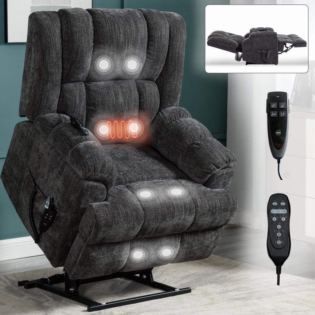 Dual Motor Heat Massage Infinite Position Up to 350 LBS Electric Power Lift Recliners with Power-Remote, Medium-firm and Heavy Duty, Grey - Grand Goldman Shop