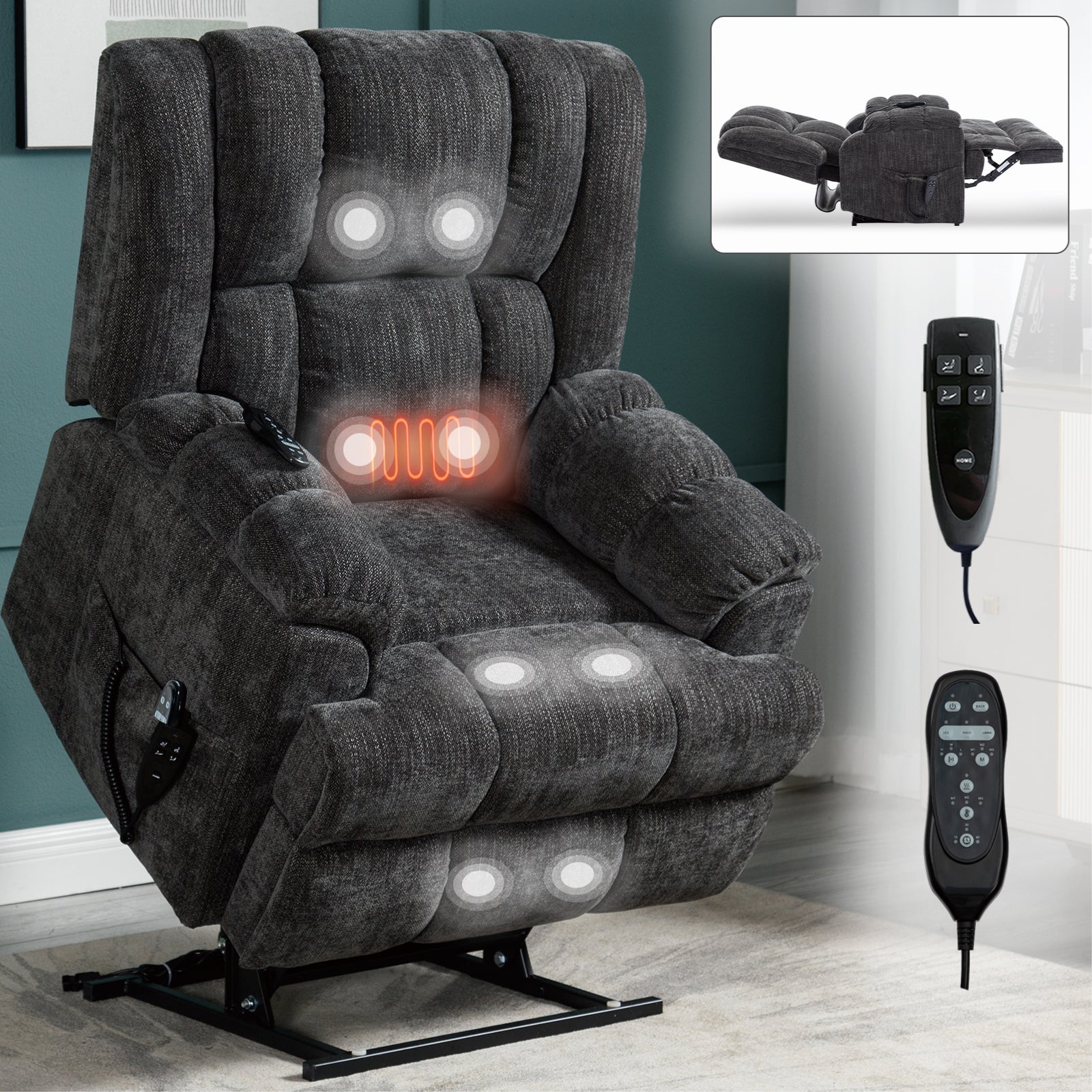 Dual Motor Heat Massage Infinite Position Up to 350 LBS Electric Power Lift Recliners with Power-Remote, Medium-firm and Heavy Duty, Grey - Grand Goldman Shop