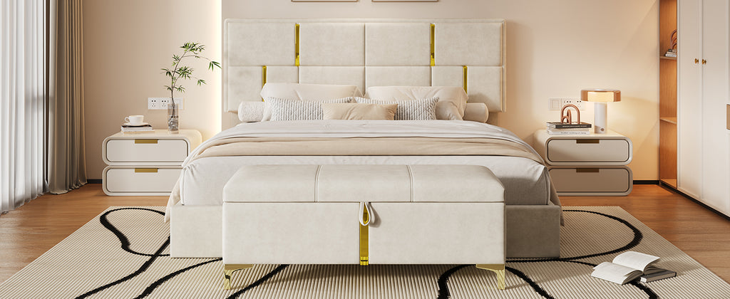 2-Pieces Bedroom Sets,Queen Size Upholstered Platform Bed with Hydraulic Storage System,Storage Ottoman with Metal Legs,Beige(Old SKU:N733S207778A) - Grand Goldman Shop