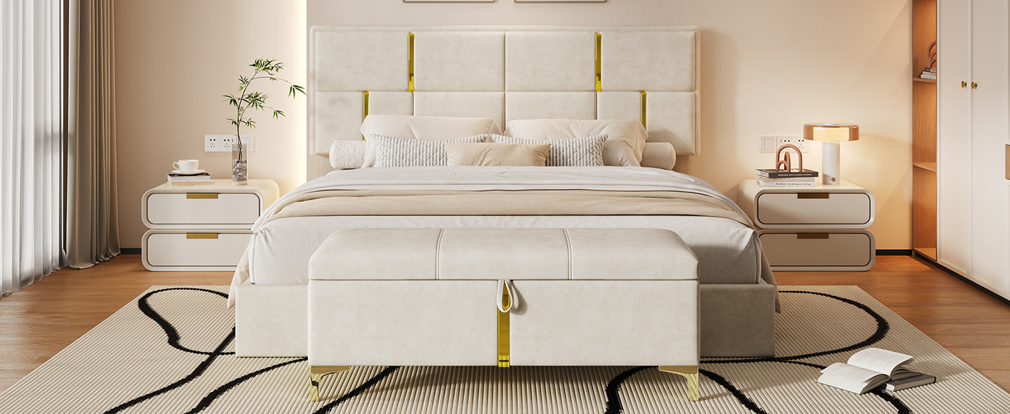 2-Pieces Bedroom Sets,Queen Size Upholstered Platform Bed with Hydraulic Storage System,Storage Ottoman with Metal Legs,Beige(Old SKU:N733S207778A) - Grand Goldman Shop