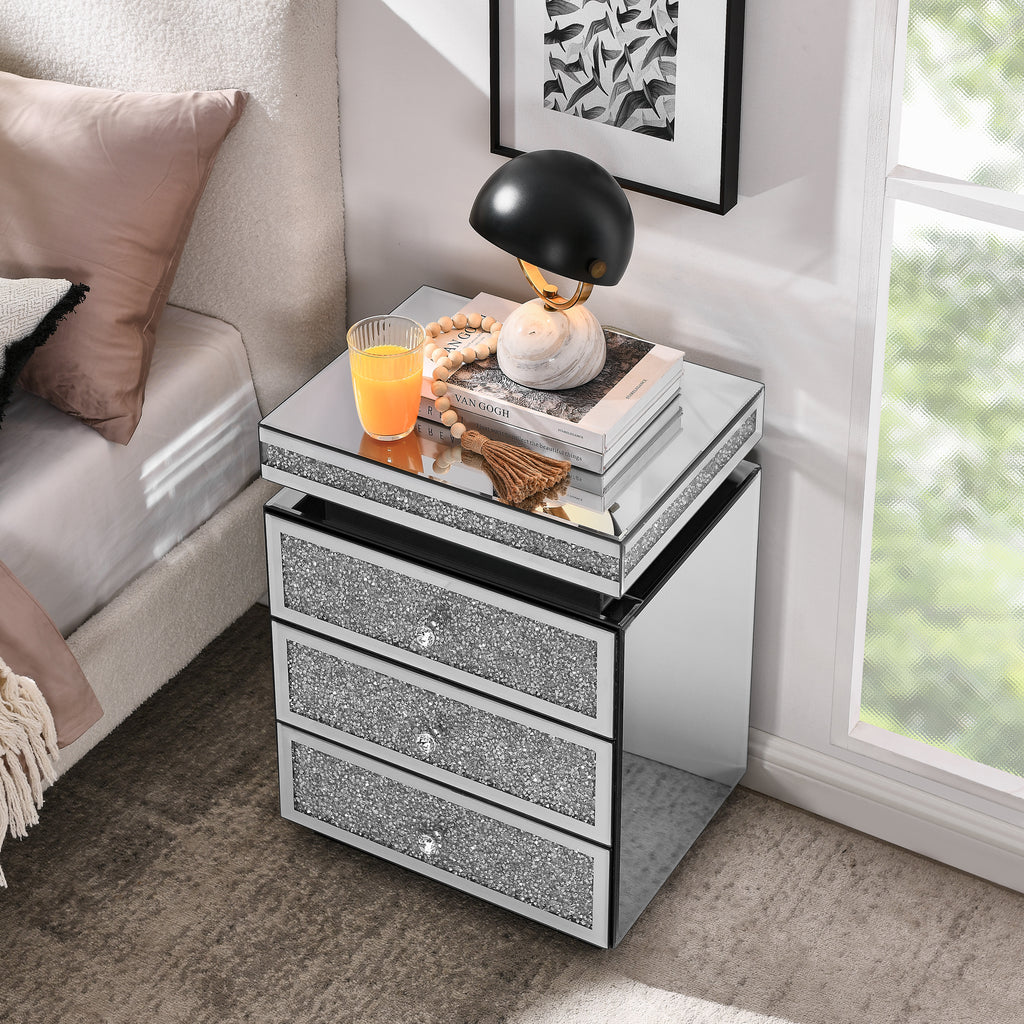 Mirrored Nightstand with 3 Drawers, Silver Nightstand with Crystal Inlay, Mirror End Table, Modern Bedside Table, Glass Table for Bedroom, 13.8''W x 17.7' L x 23.6' H - Grand Goldman Shop