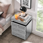 Mirrored Nightstand with 3 Drawers, Silver Nightstand with Crystal Inlay, Mirror End Table, Modern Bedside Table, Glass Table for Bedroom, 13.8''W x 17.7' L x 23.6' H - Grand Goldman Shop