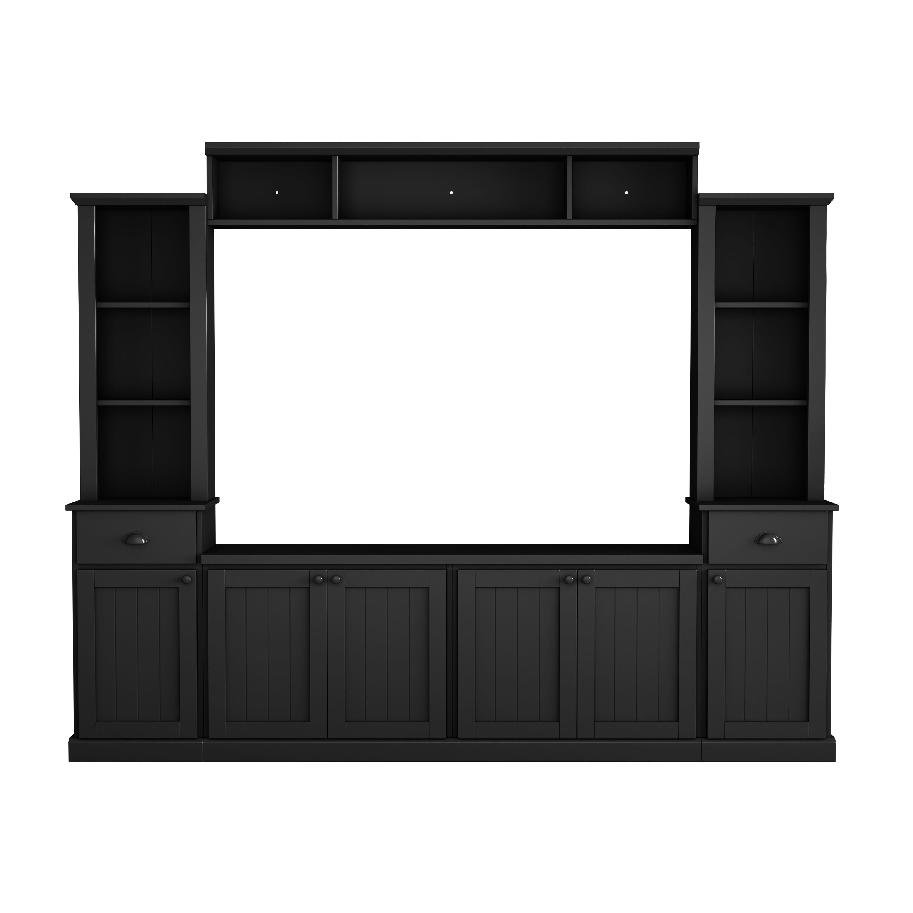 Minimalist Entertainment Wall Unit Set with Bridge for TVs Up to 75'', Ample Storage Space TV Stand with Adjustable Shelves, Modernist Large Media Console for Living Room, Black - Grand Goldman Shop