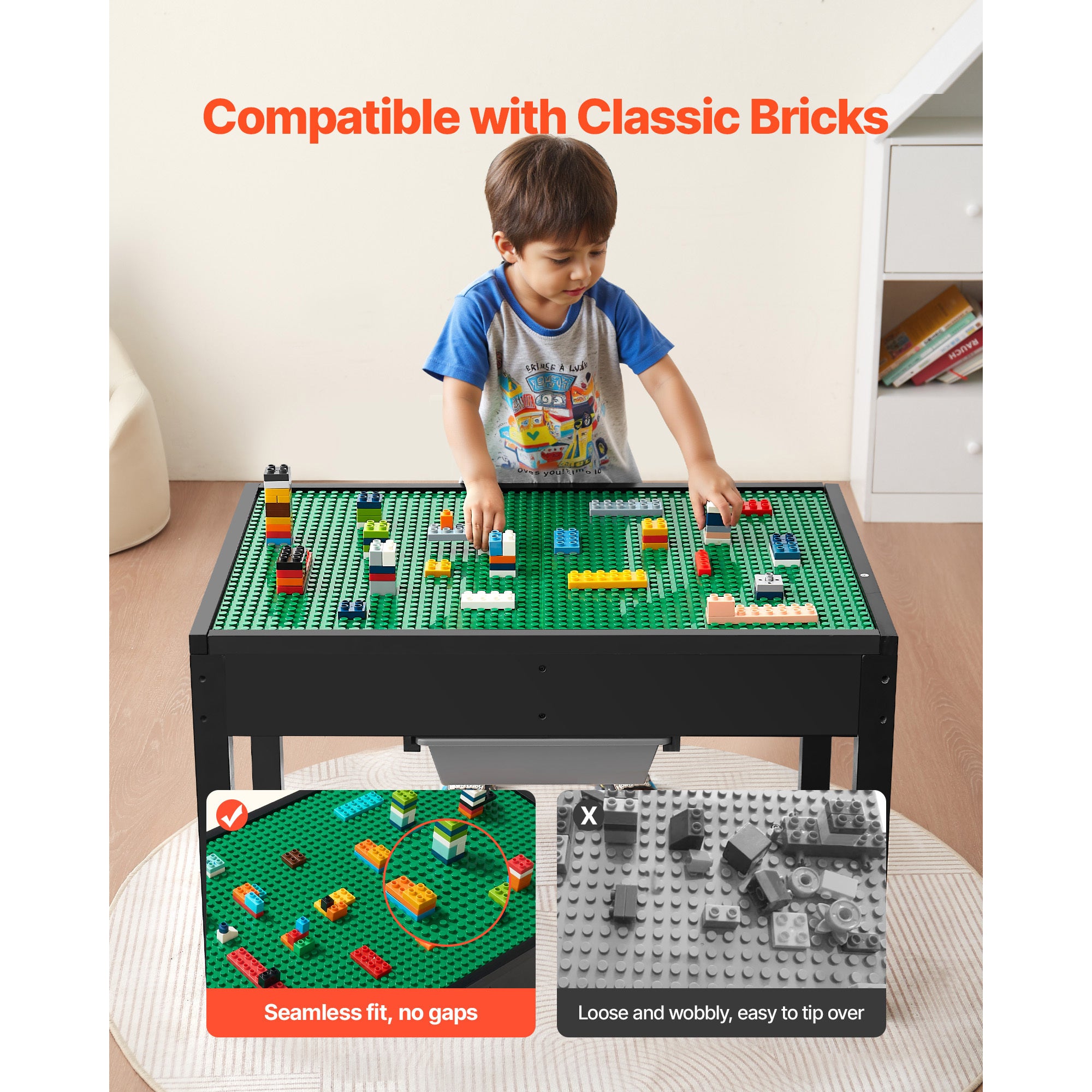 Kids Wooden Activity Table, Building Blocks Double-Sided Tabletop, Multi-Purpose Activity Play Table with 2 Storage Bins for 