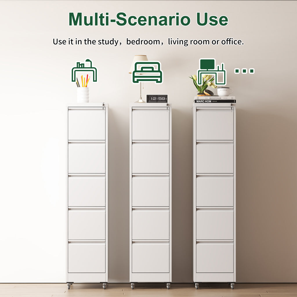 Heavy Duty 5 Drawer Metal Vertical File Cabinet with Lock and Wheels for Home Office, White, 17.72'D x 14.96'W x 64.21'H - Gr