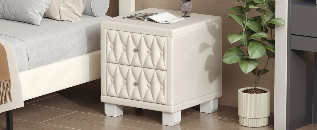 Elegant Velvet Nightstand with 2 Drawers and Crystal Handle, Storage Bedside Table with Button-Tufted, Beige - Grand Goldman Shop