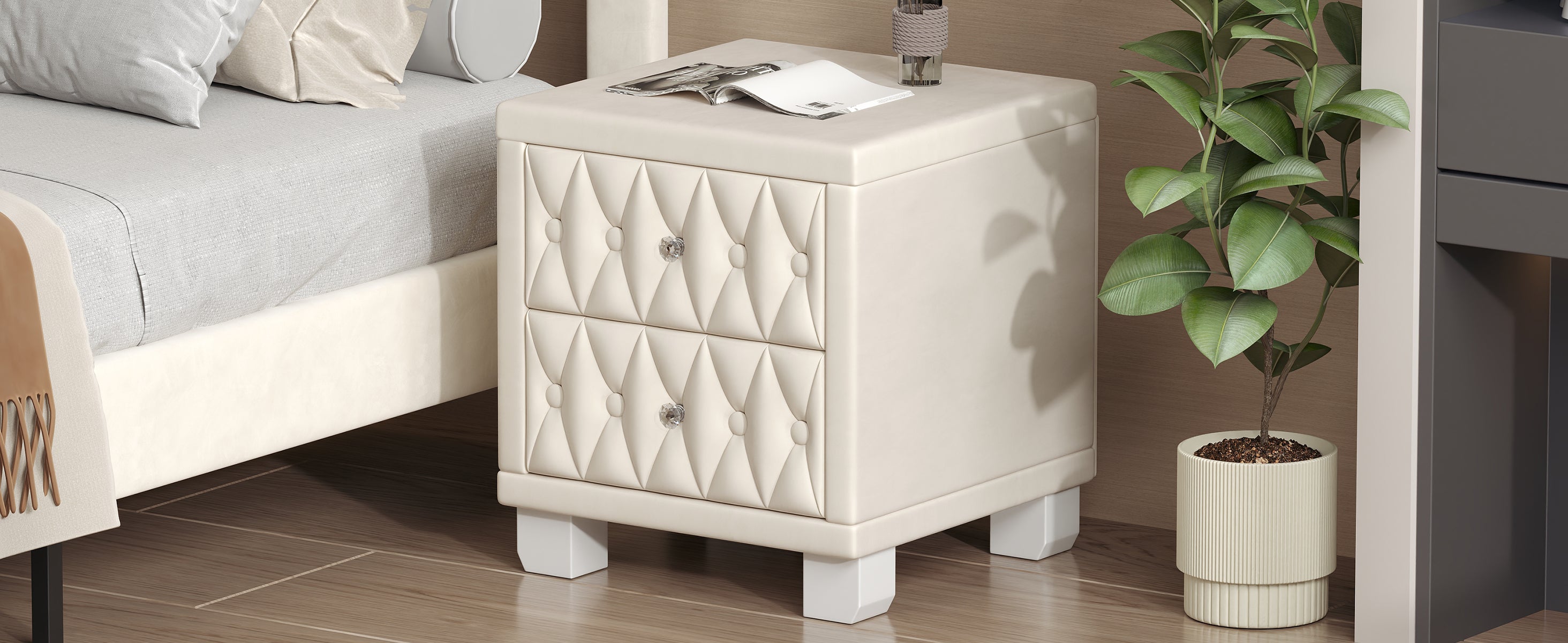 Elegant Velvet Nightstand with 2 Drawers and Crystal Handle, Storage Bedside Table with Button-Tufted, Beige - Grand Goldman Shop