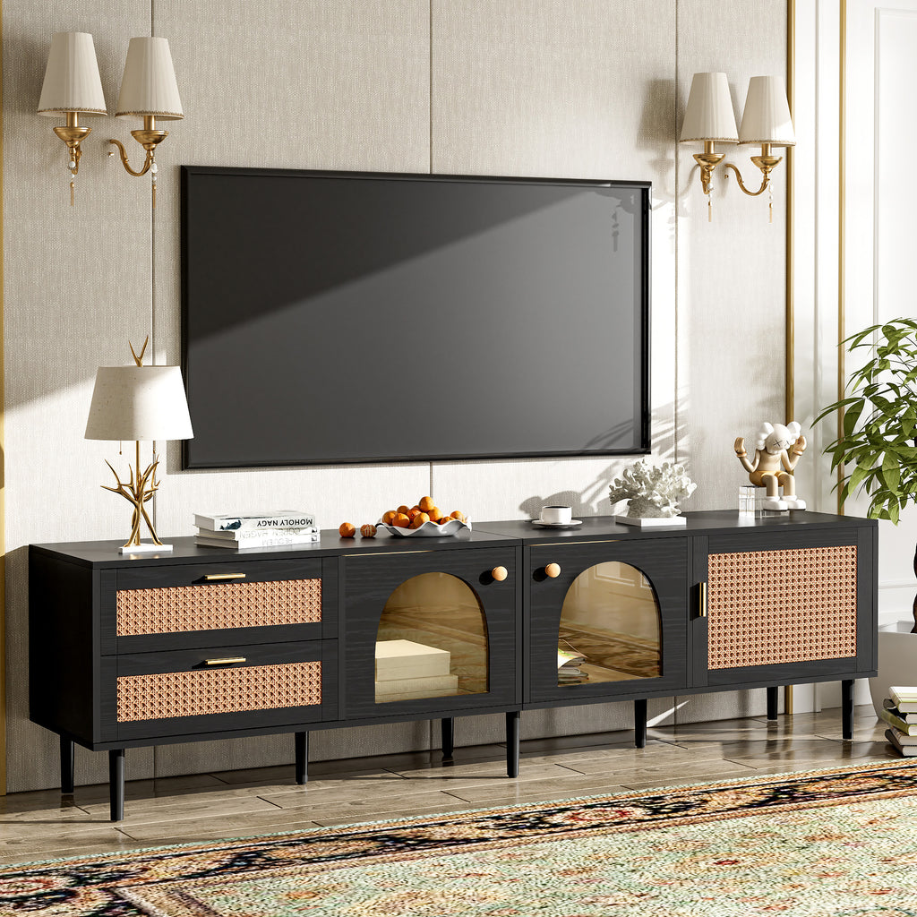 Black Rattan-inspired TV Stand with 3 Cabinets & 2 Drawers, MDF and Solid Wood Media Console for TVs up to 80'', Modern Living Room Entertainment Center - Grand Goldman Shop