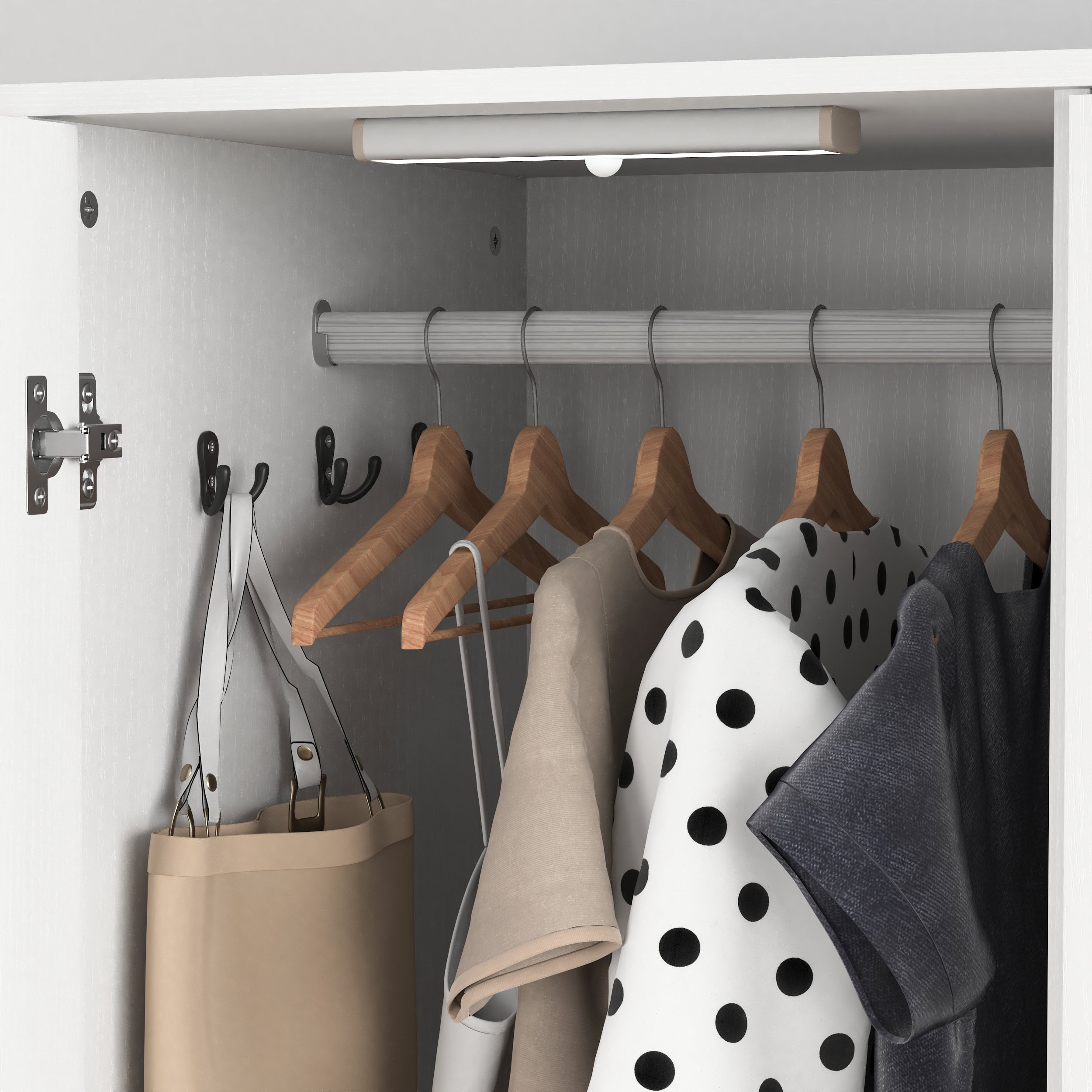 2 Door Wood Wardrobe for Bedroom with Hanging Clothing Rod inside the Cabinet and 2 Drawers for Storage Organization, Built-in induction light Multifunctional Closet with Mirror, White - Grand Goldman Shop
