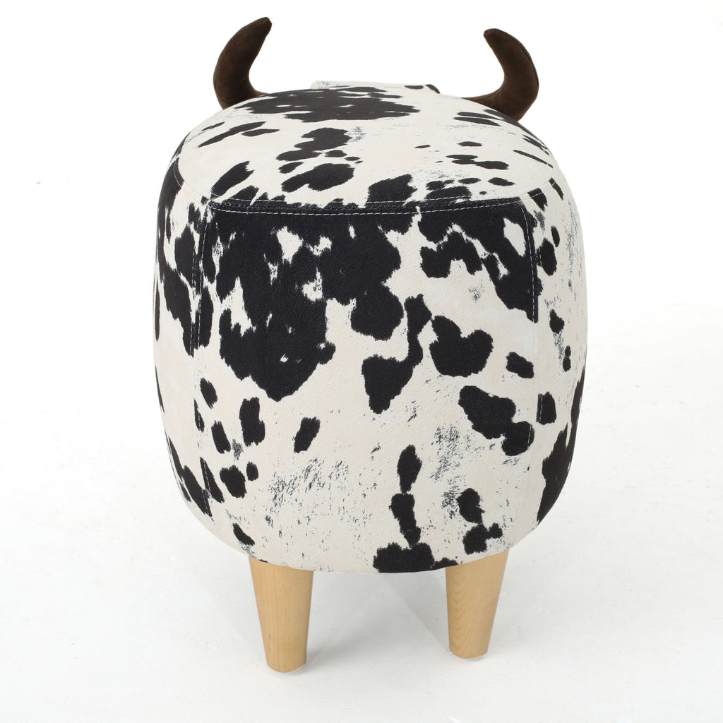 Cow-Shaped Ottoman Footstool, Black and White Modern Accent Stool with Velvet Horns, Fabric Body, Birch Legs - Grand Goldman Shop