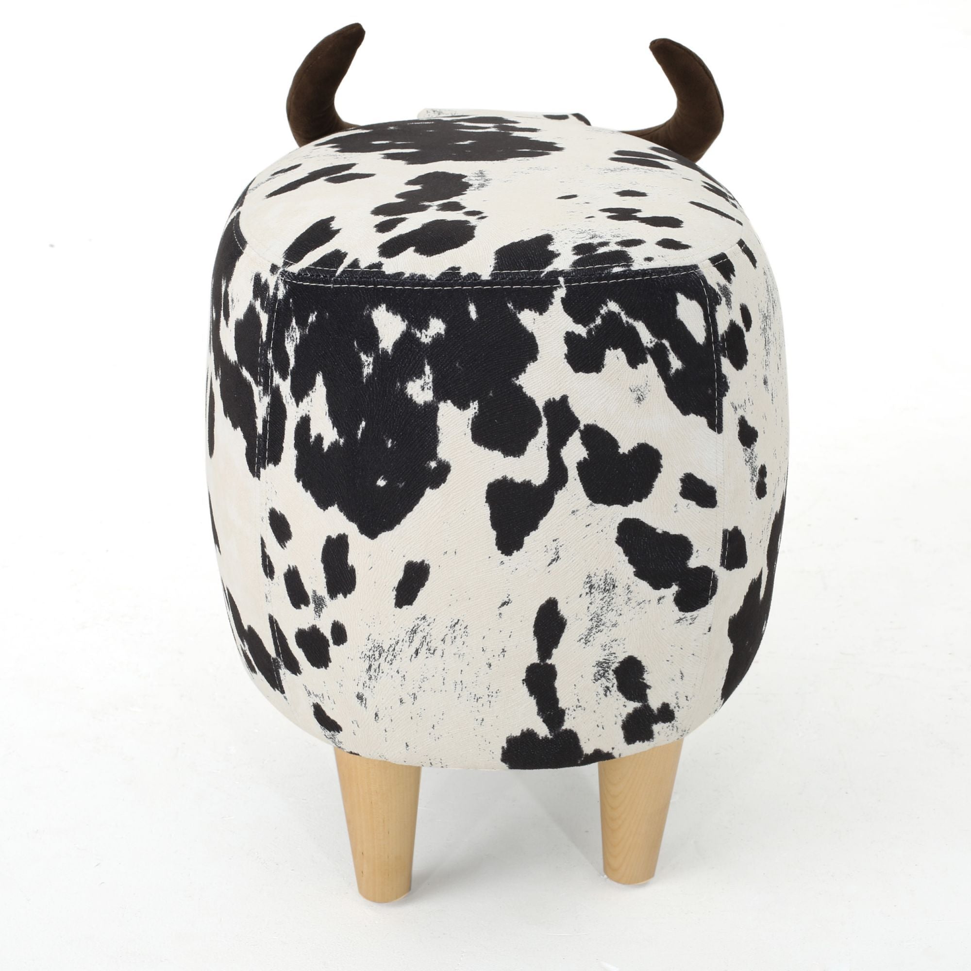Cow-Shaped Ottoman Footstool, Black and White Modern Accent Stool with Velvet Horns, Fabric Body, Birch Legs - Grand Goldman Shop