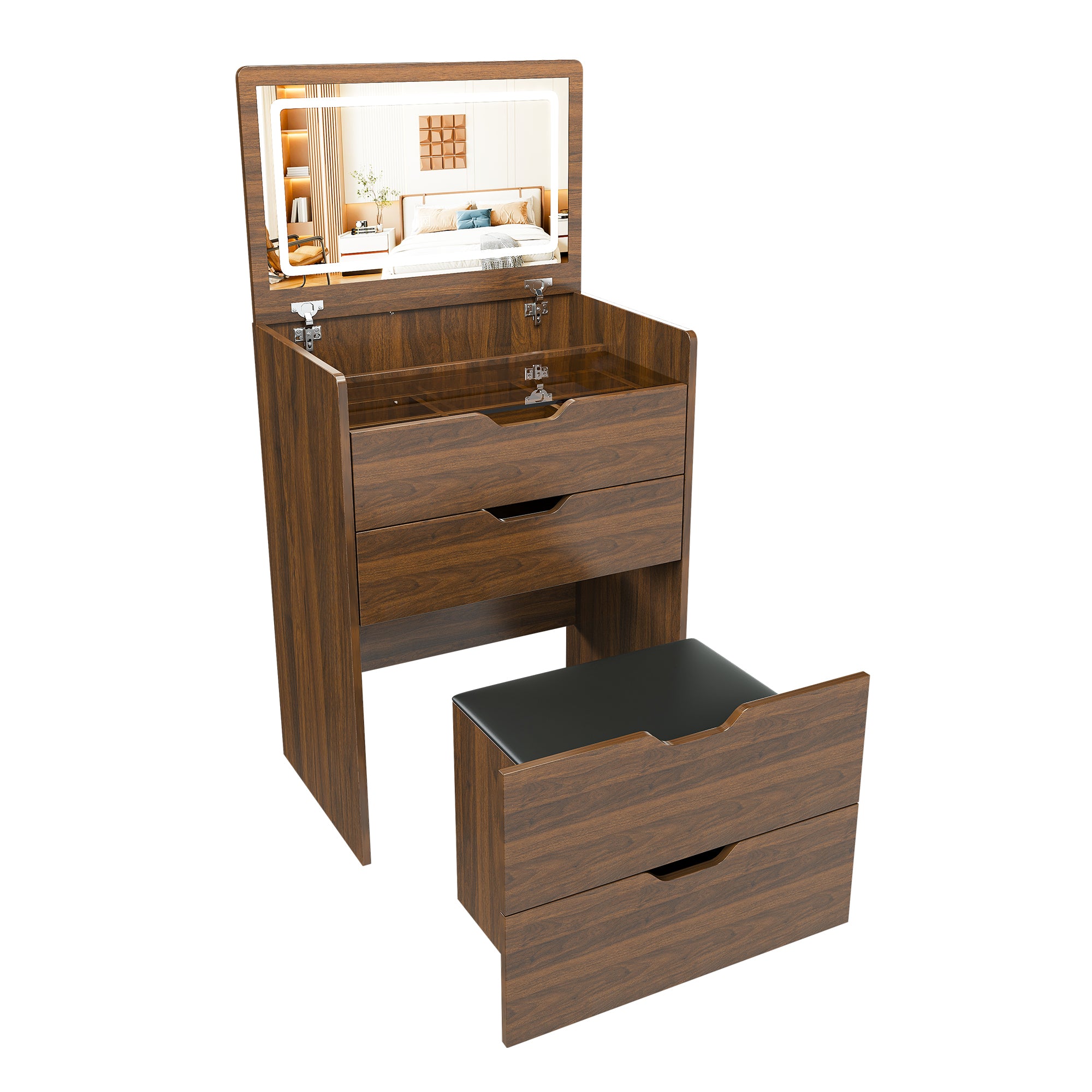 3-in-1 Vanity Desk with Lighted Mirror & Stool, Flip Top Makeup Dressing Table in Walnut Finish, Compact Storage for Bedroom, Bathroom, Dressing Room, 23.62'L - Grand Goldman Shop