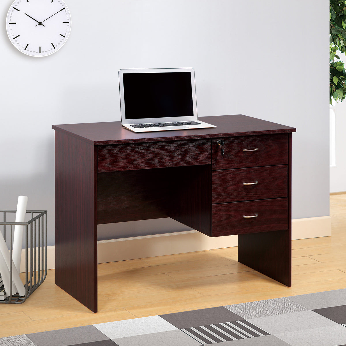 Three locking drawers on metal glides Student Desk Work Desk Modesty Panel Metal Bar Handles Mahogany color - Grand Goldman