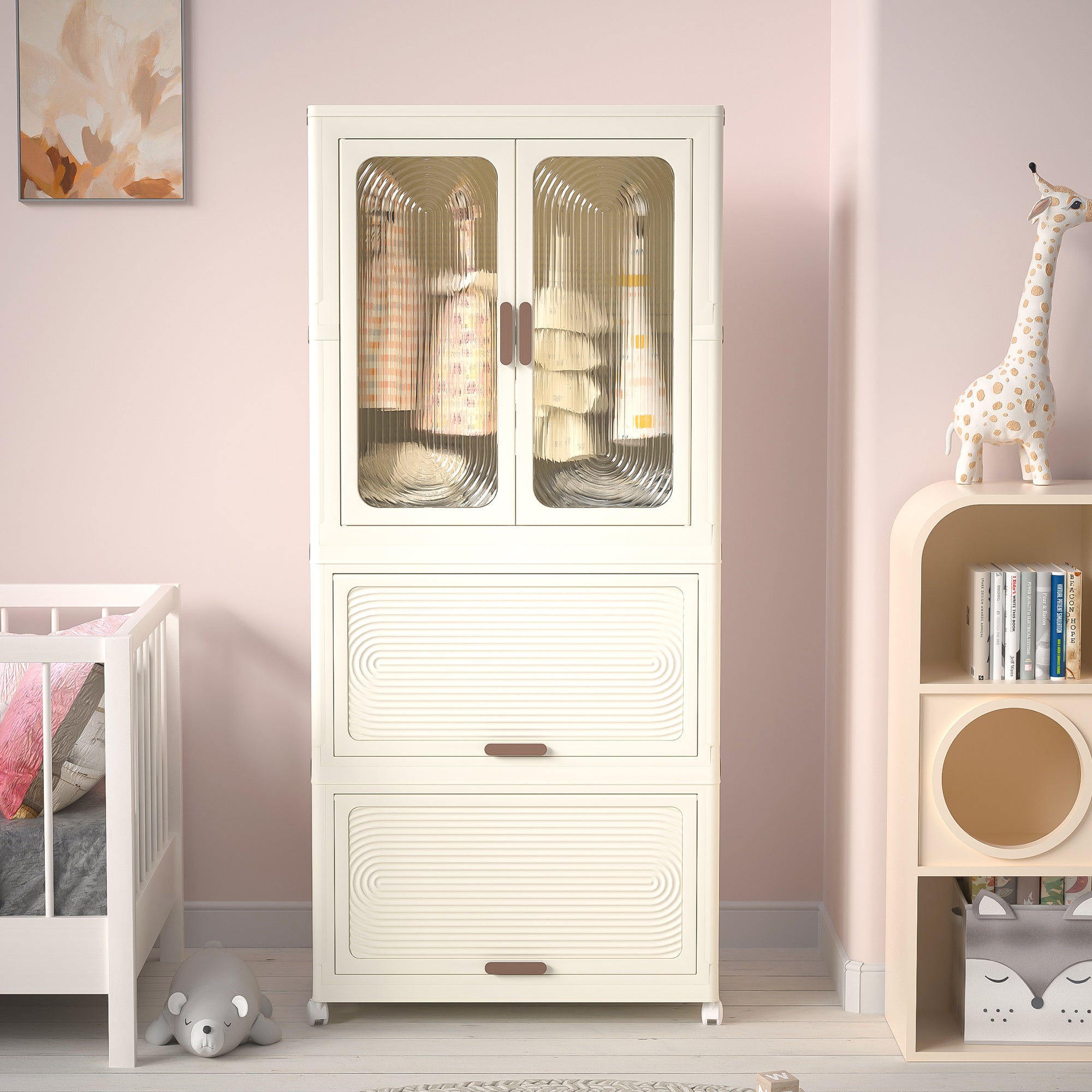 Portable Wardrobe Closet Storage Organizer with Magnetic Doors and Hanging Rod, Cream White - Grand Goldman Shop