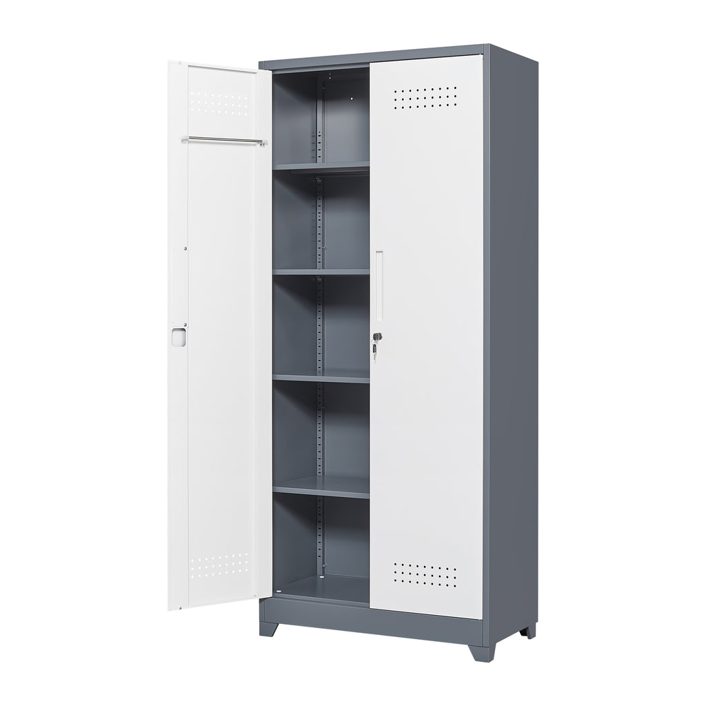 Gray Metal Lockers with Locking Doors, Adjustable Shelves, High Broom Tool Storage Cabinet, 72-Inch Kitchen, Office, Shop Org