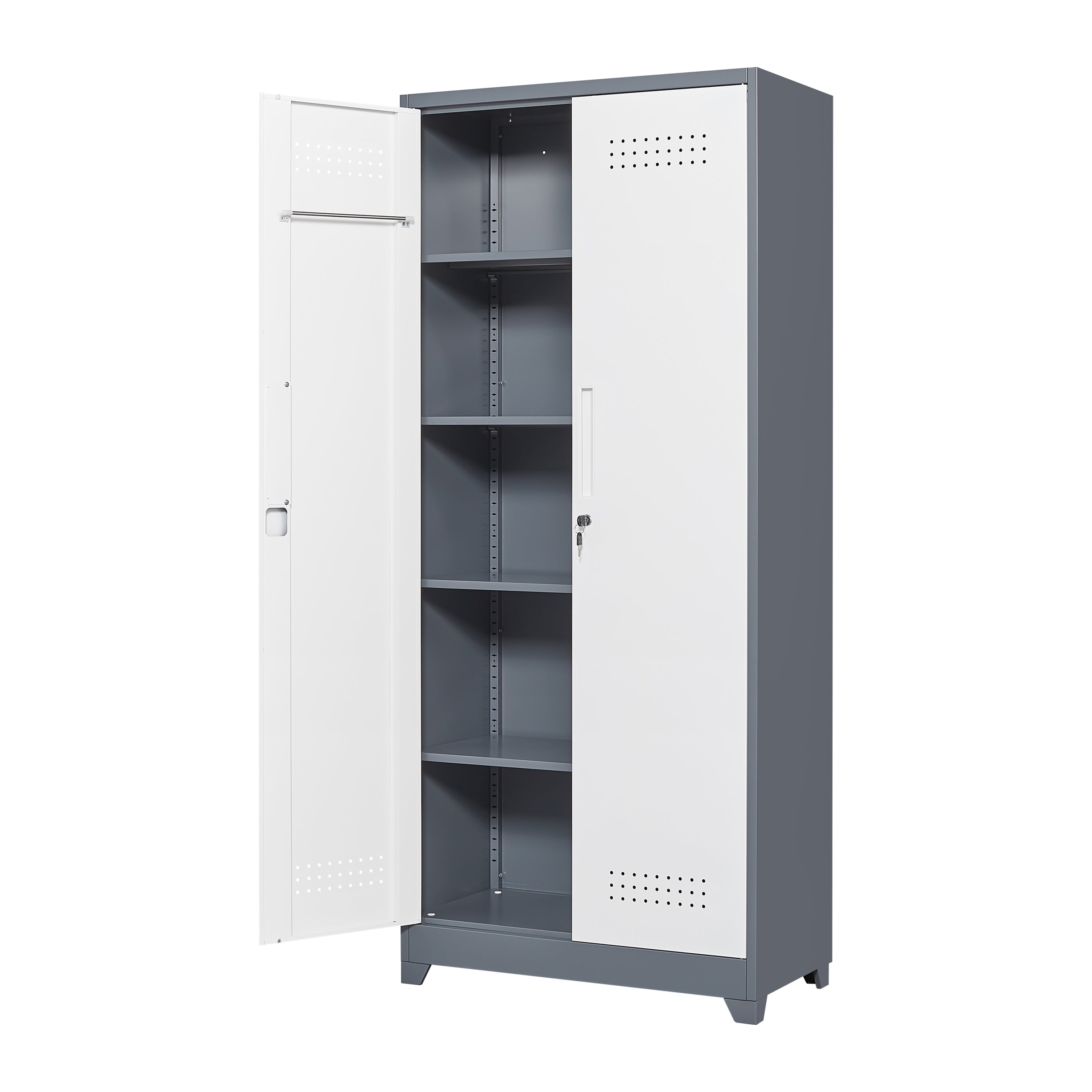 Gray Metal Lockers with Locking Doors, Adjustable Shelves, High Broom Tool Storage Cabinet, 72-Inch Kitchen, Office, Shop Org