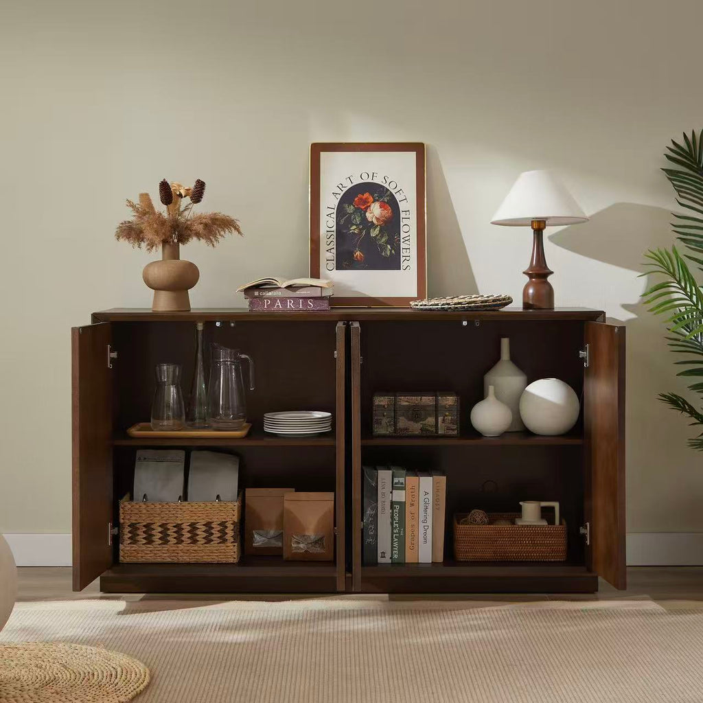 4 Door Accent Cabinet with Solid Wood Carved Doors, Adjustable Shelves, Push to Open Storage Cabinet with Cable Management, Ash Veneer Sideboard for Living Room, - Grand Goldman Shop