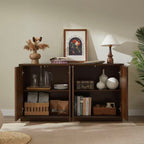 4 Door Accent Cabinet with Solid Wood Carved Doors, Adjustable Shelves, Push to Open Storage Cabinet with Cable Management, Ash Veneer Sideboard for Living Room, - Grand Goldman Shop