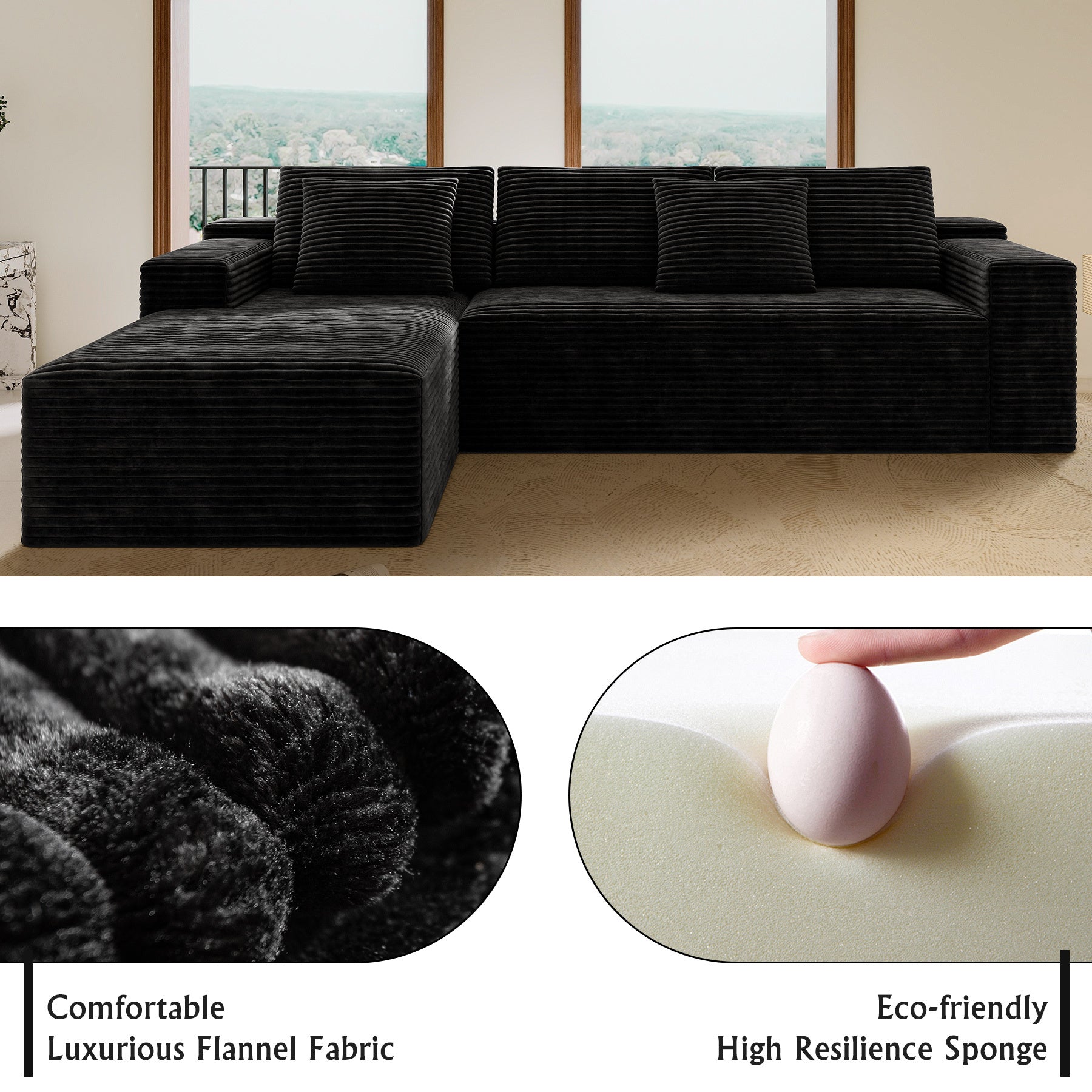 104.3*68.9'Modular sectional sofa seat,Upholstered compressed couch for living room,Bedroom,Apartment,No assembly required,2PC free combination,Plush corduroy fabric,BLACK - Grand Goldman Shop