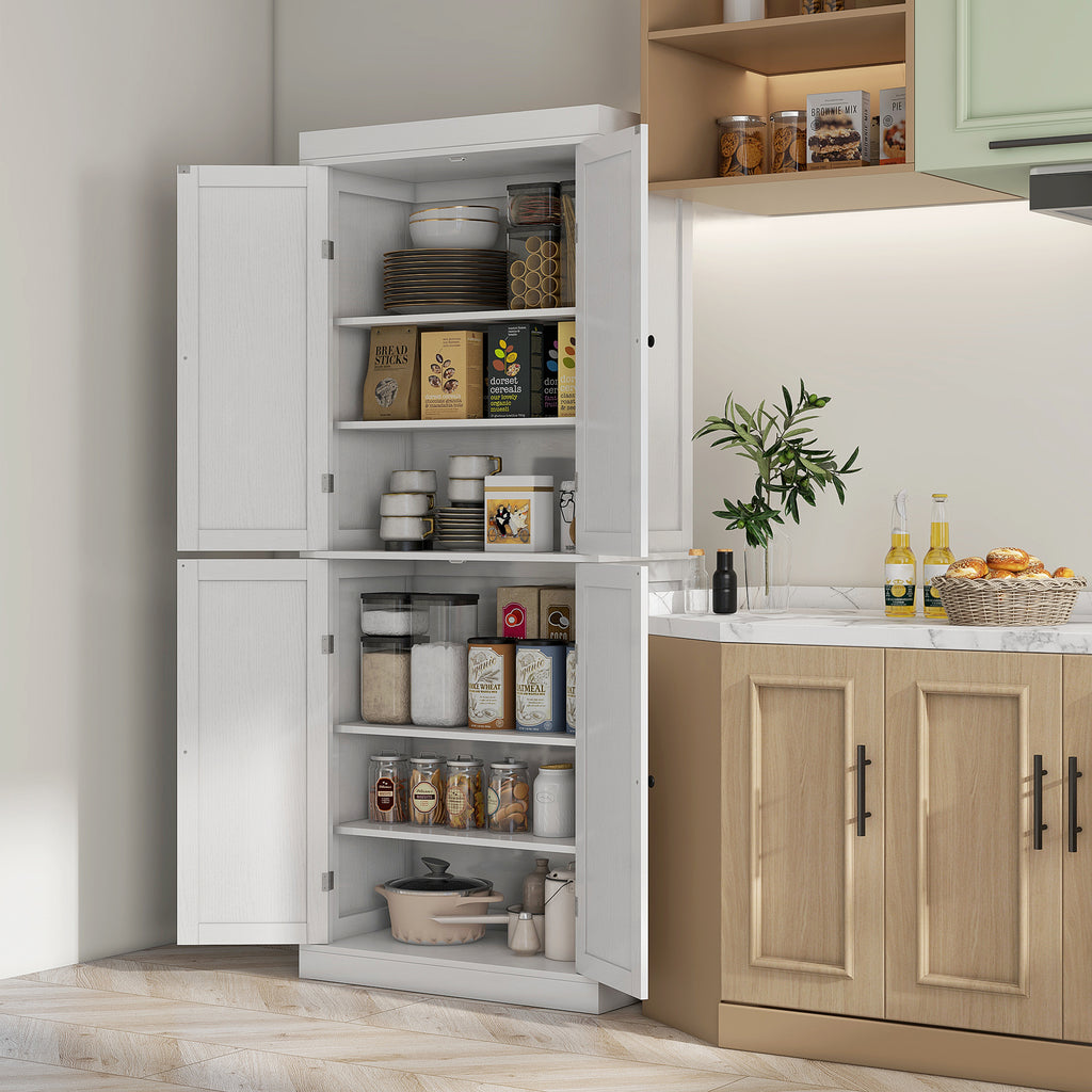 HOMCOM 72.5' Freestanding Kitchen Pantry Cabinet, Tall Storage Cabinet with 4 Doors and 2 Adjustable Shelves for Dining Room, White Wood Grain - Grand Goldman Shop