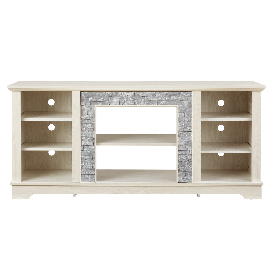 Mantel Stone TV Media Stand with with Faux Stacked Stone Surround, Modern Entertainment Console with Open Storage Space,WHITE, 58.31'W*15.39'D*26.06'H - Grand Goldman Shop