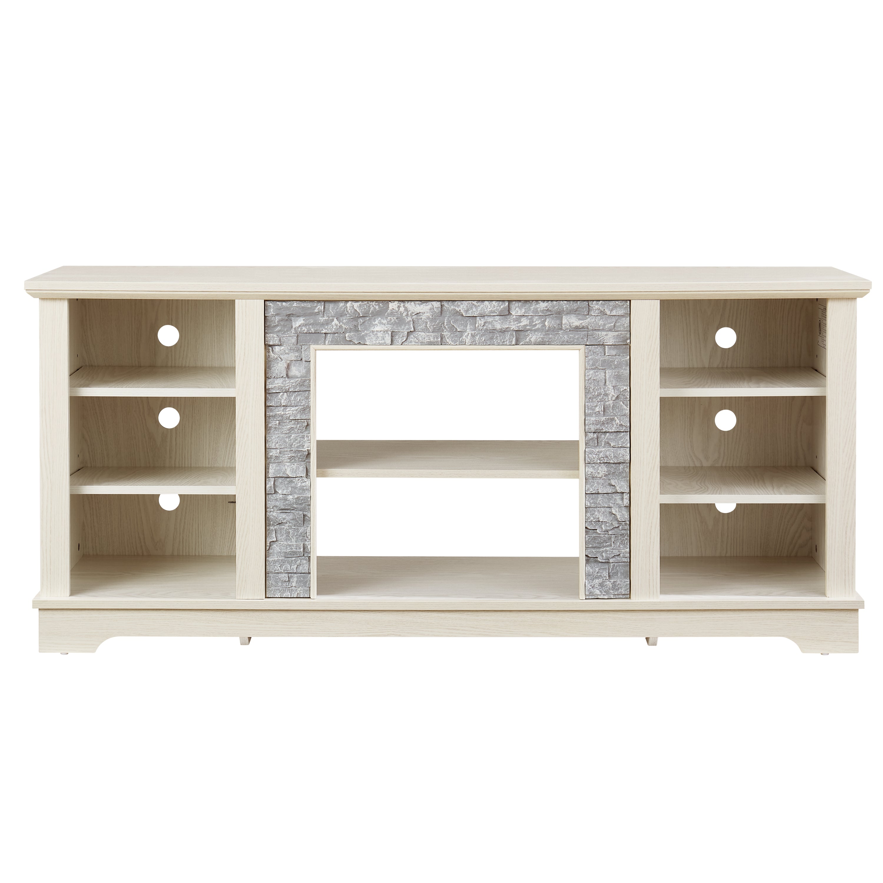 Mantel Stone TV Media Stand with with Faux Stacked Stone Surround, Modern Entertainment Console with Open Storage Space,WHITE, 58.31'W*15.39'D*26.06'H - Grand Goldman Shop