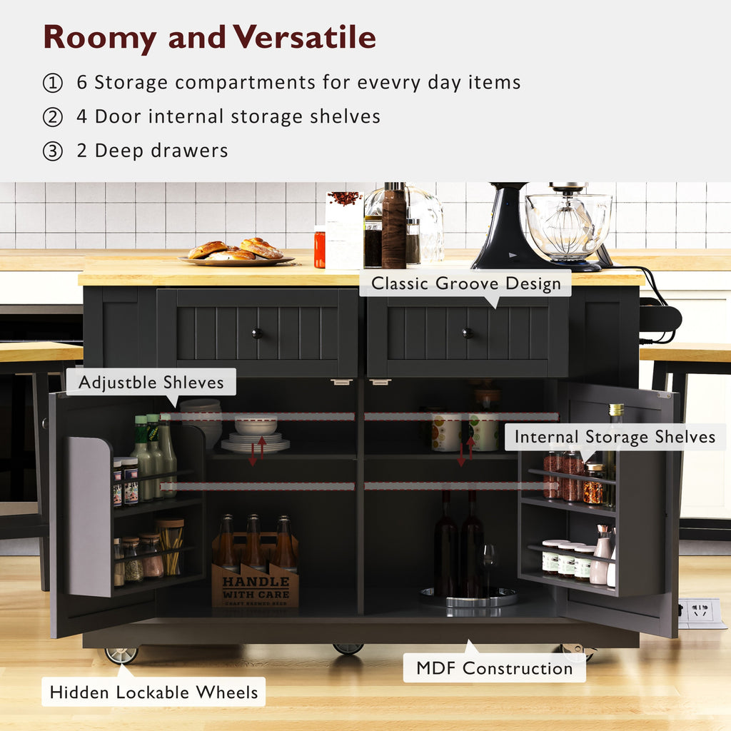 48 inch Kitchen Island with Drop Leaf,Power Outlet,Internal Storage Rack,Rolling Kitchen Storage Cart on 5 Wheels with 5 Open Side Racks,for Kitchen,Black (Old SKU N707P257057B)(Not Include Stools) - Grand Goldman Shop