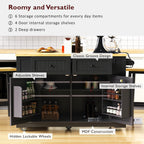 48 inch Kitchen Island with Drop Leaf,Power Outlet,Internal Storage Rack,Rolling Kitchen Storage Cart on 5 Wheels with 5 Open Side Racks,for Kitchen,Black (Old SKU N707P257057B)(Not Include Stools) - Grand Goldman Shop