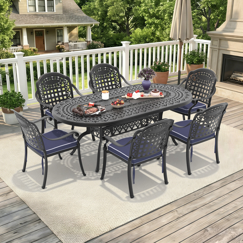7-teiliges Set Gartenmöbel aus Aluminiumguss mit blauen Kissen (baugleich mit: W1710S00497, W1710S00596, W1710S00105, W1710S00033)