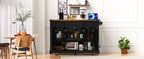 K&K 53'' Farmhouse Kitchen Island with Two Tempered Glass Cabinet Doors, Power Outlet, Rolling Kitchen Cart on Wheels with Drop Leaf, 5 Open Side Racks, 3 Drawers, for Kitchen, Dining Room, Black - Grand Goldman Shop