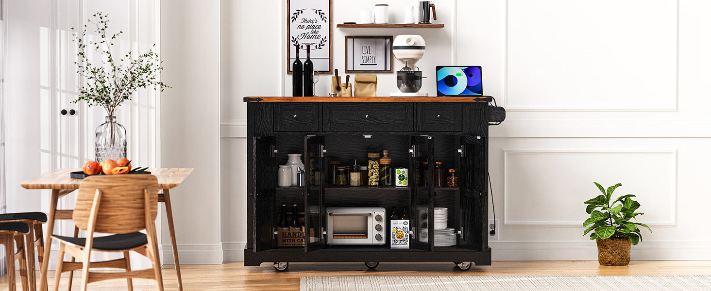 K&K 53'' Farmhouse Kitchen Island with Two Tempered Glass Cabinet Doors, Power Outlet, Rolling Kitchen Cart on Wheels with Drop Leaf, 5 Open Side Racks, 3 Drawers, for Kitchen, Dining Room, Black - Grand Goldman Shop