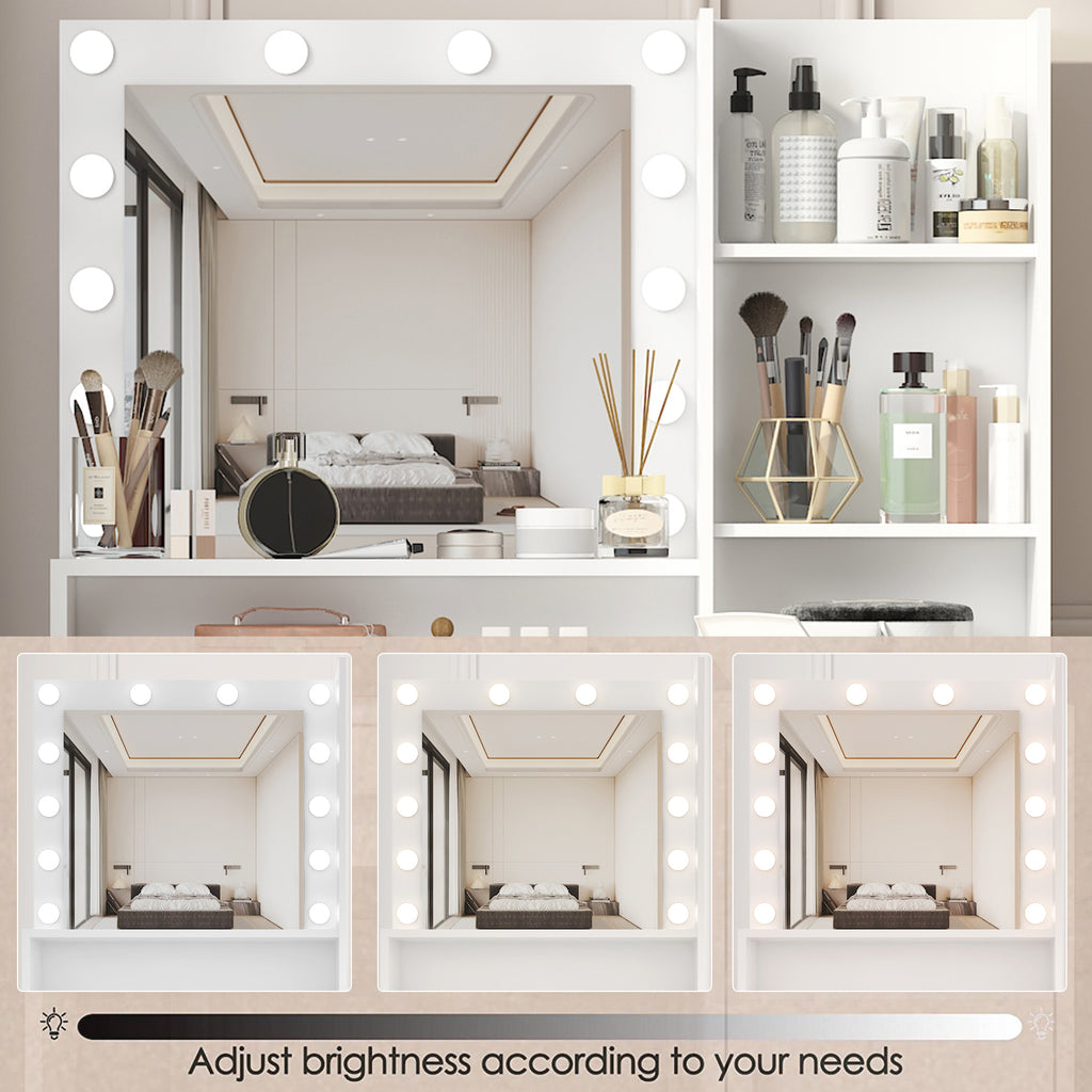 Vanity Desk with Mirror & Light, Large Drawer Three Level Storage Dresser, 3 Lighting Modes Adjustable Brightness, Bedroom Dressing Table(white) - Grand Goldman Shop