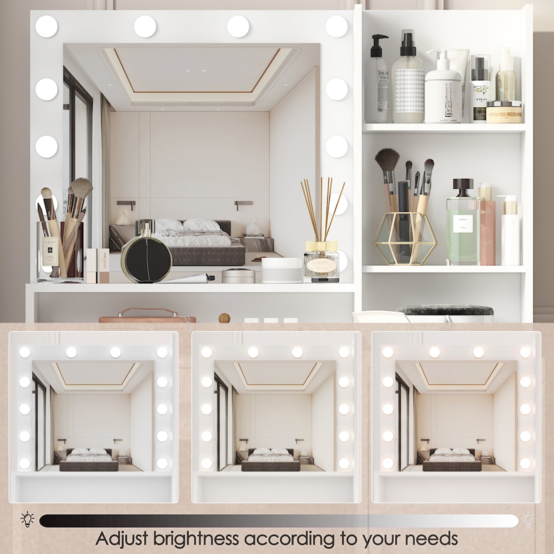 Vanity Desk with Mirror & Light, Large Drawer Three Level Storage Dresser, 3 Lighting Modes Adjustable Brightness, Bedroom Dressing Table(white) - Grand Goldman Shop