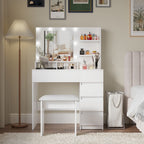 Vanity, Makeup Vanity Desk Set with Mirror & Light, Dressing Table Storage Lots , 3 Lighting Modes with Adjustable Brightness, White with Stool - Grand Goldman Shop
