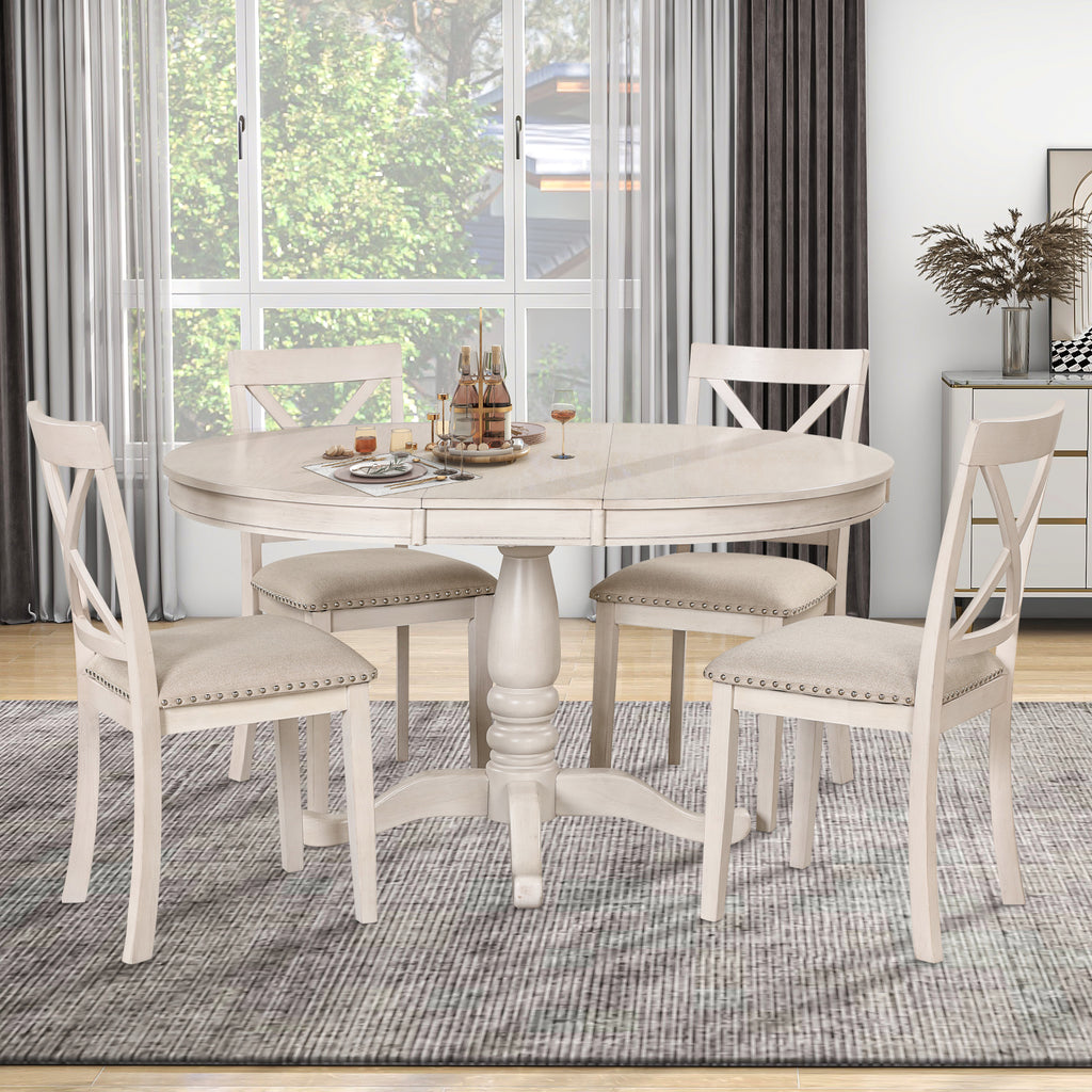Antique White Modern Dining Table Set for 4 with Round Table and Chairs, Solid Wood & MDF - Grand Goldman Shop