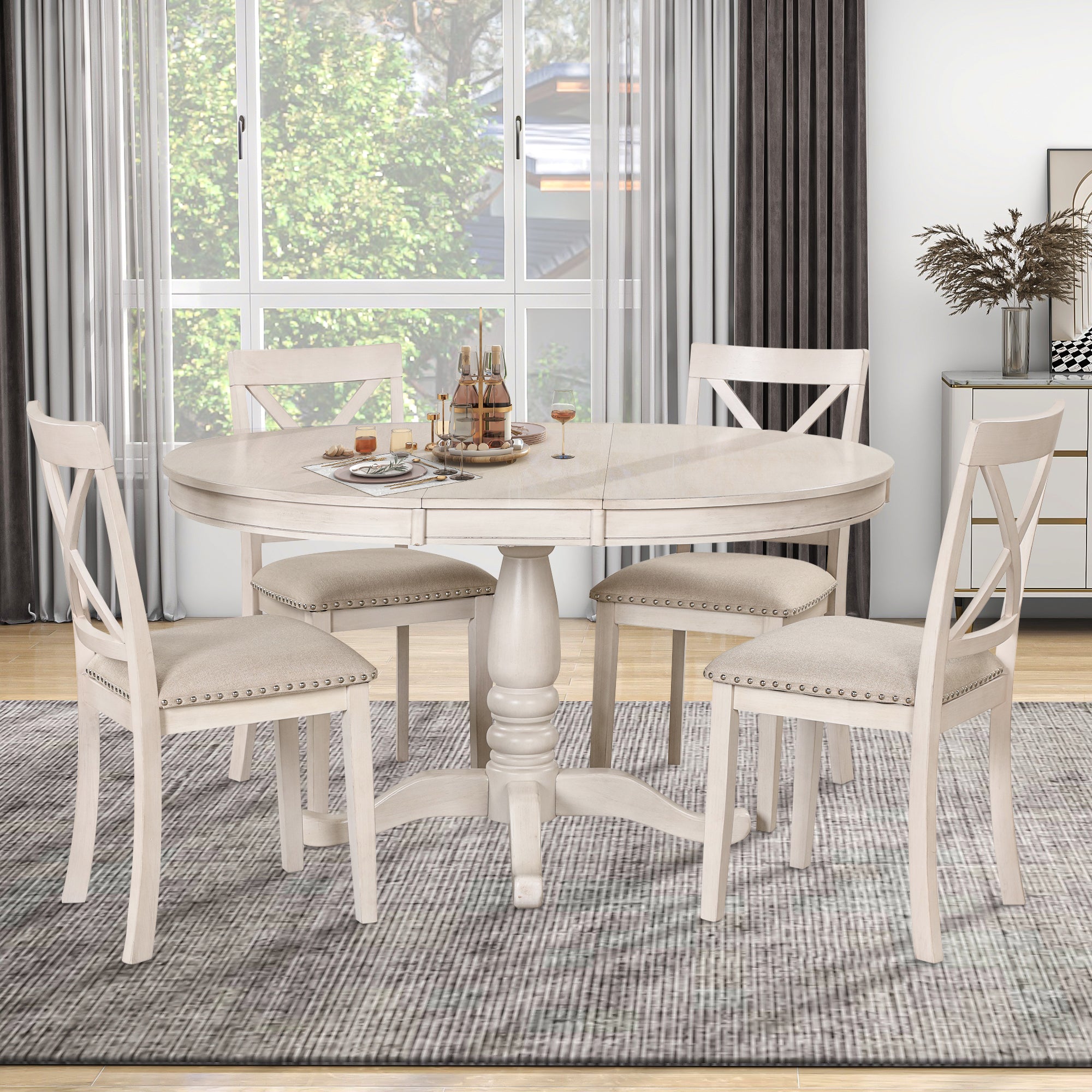 Antique White Modern Dining Table Set for 4 with Round Table and Chairs, Solid Wood & MDF - Grand Goldman Shop