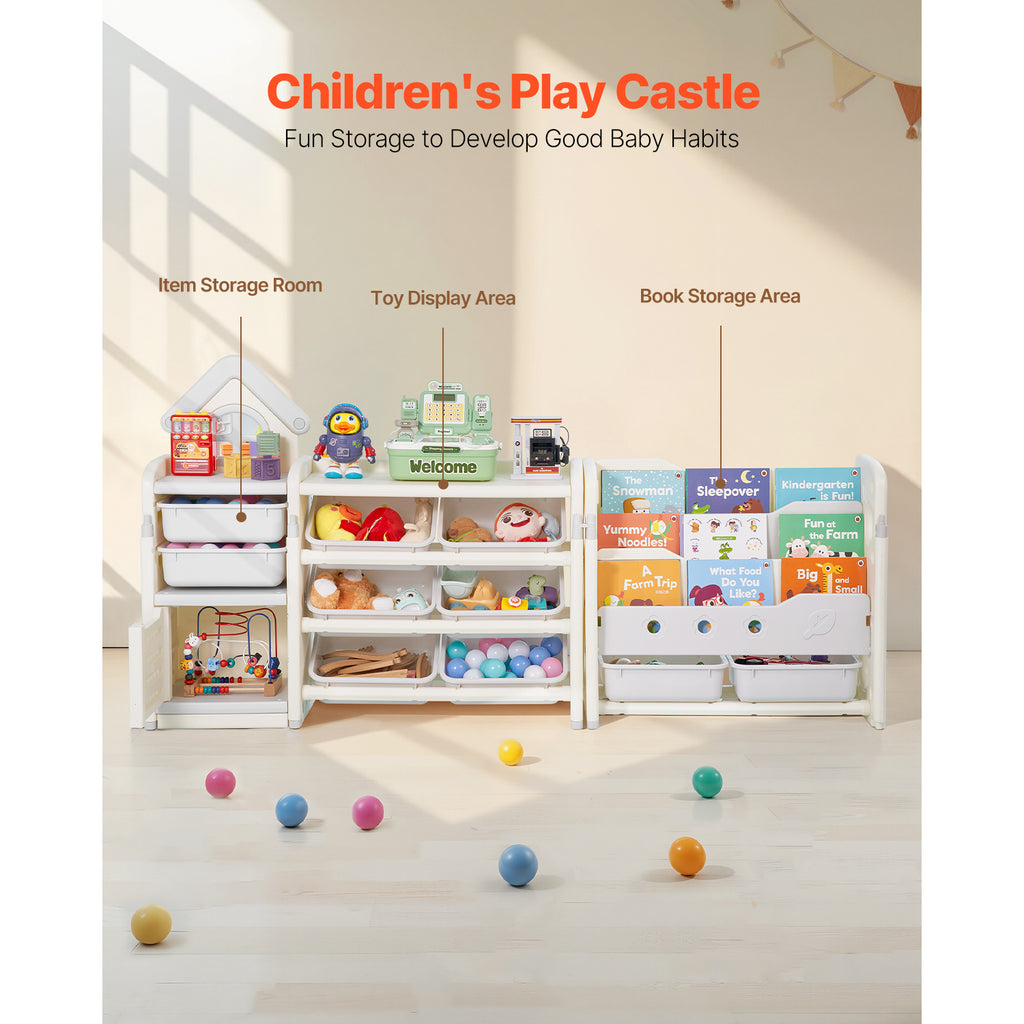 Kids Toy Storage with Bookshelf, 4-Tier Toy Storage Organizer with 10 Movable Plastic Bins, Kids Cubby Cabinet with Bookshelf